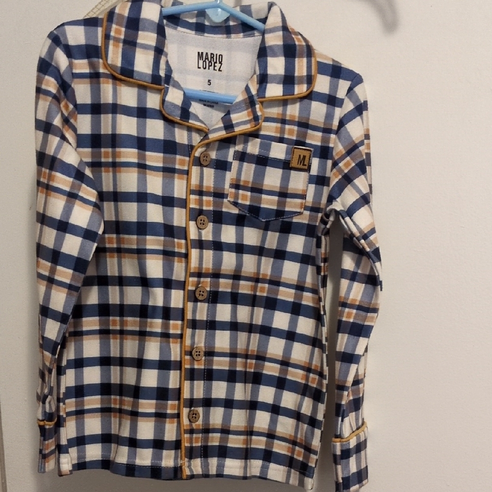 Mario Lopez 2 PC Boys Plaid Pajama Set - Blue, White, and Brown 5